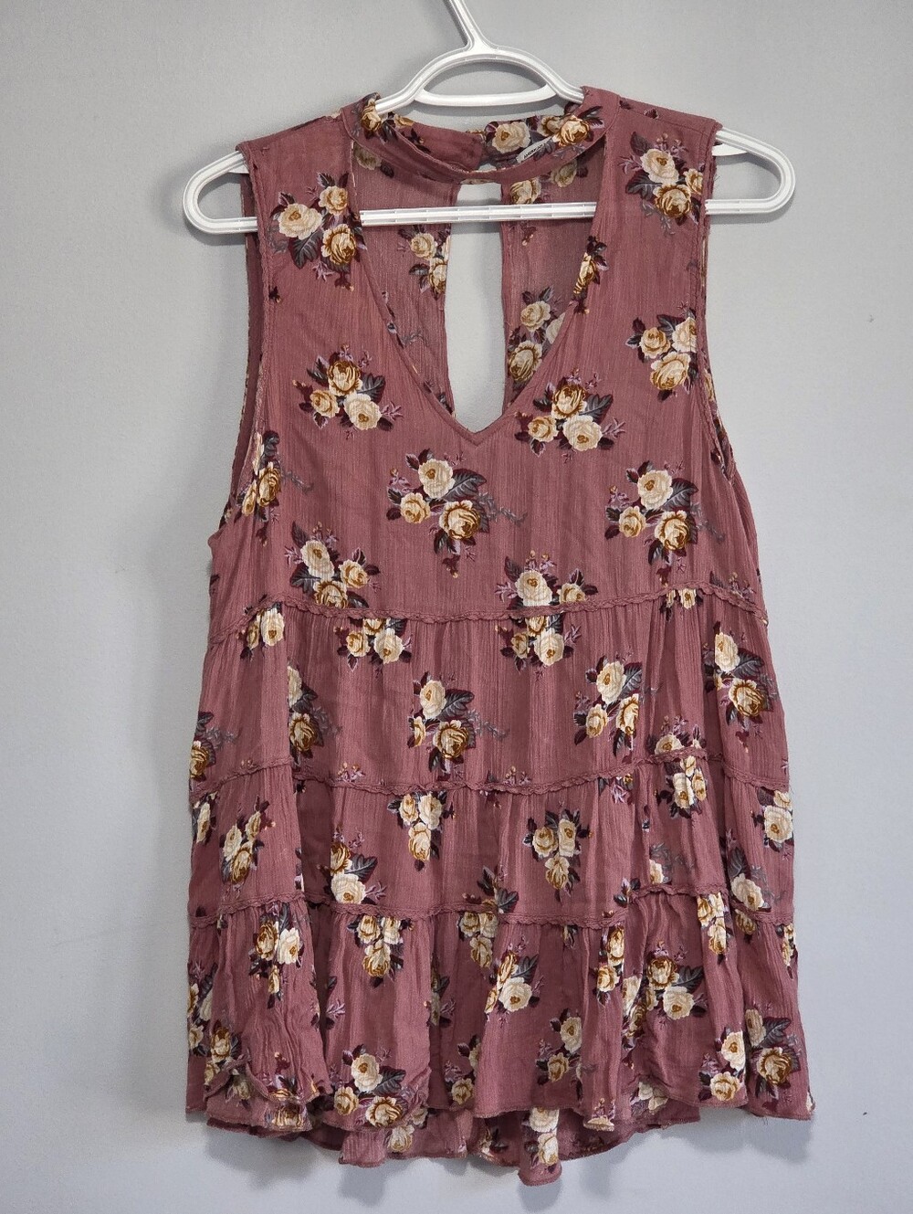 American Eagle Mauve Floral Tiered Tank Top Keyhole Back Sz L Boho Cottagecore
